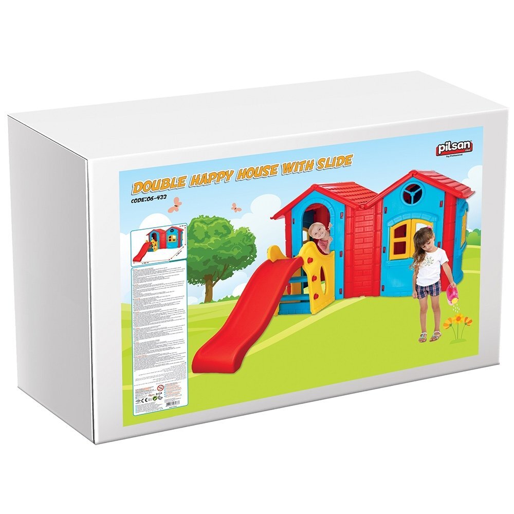 PILSAN Casuta dubla cu tobogan pentru copii din plastic rezistent UVusi si ferestre functionale Double Happy House blue
