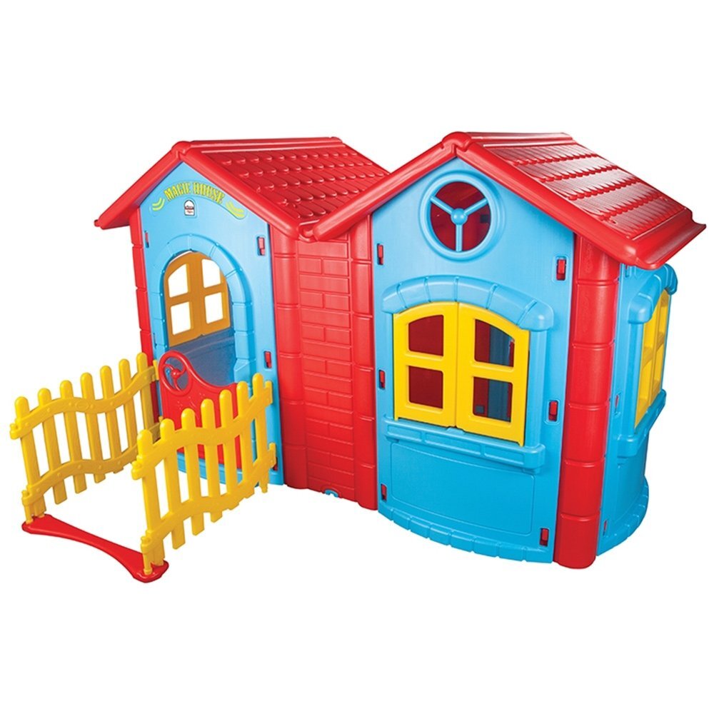 PILSAN Casuta dubla pentru copii Magic Twin House Blue cu garduletrealizata din plastic durabildimensiune 172 x 220 x 131 cm