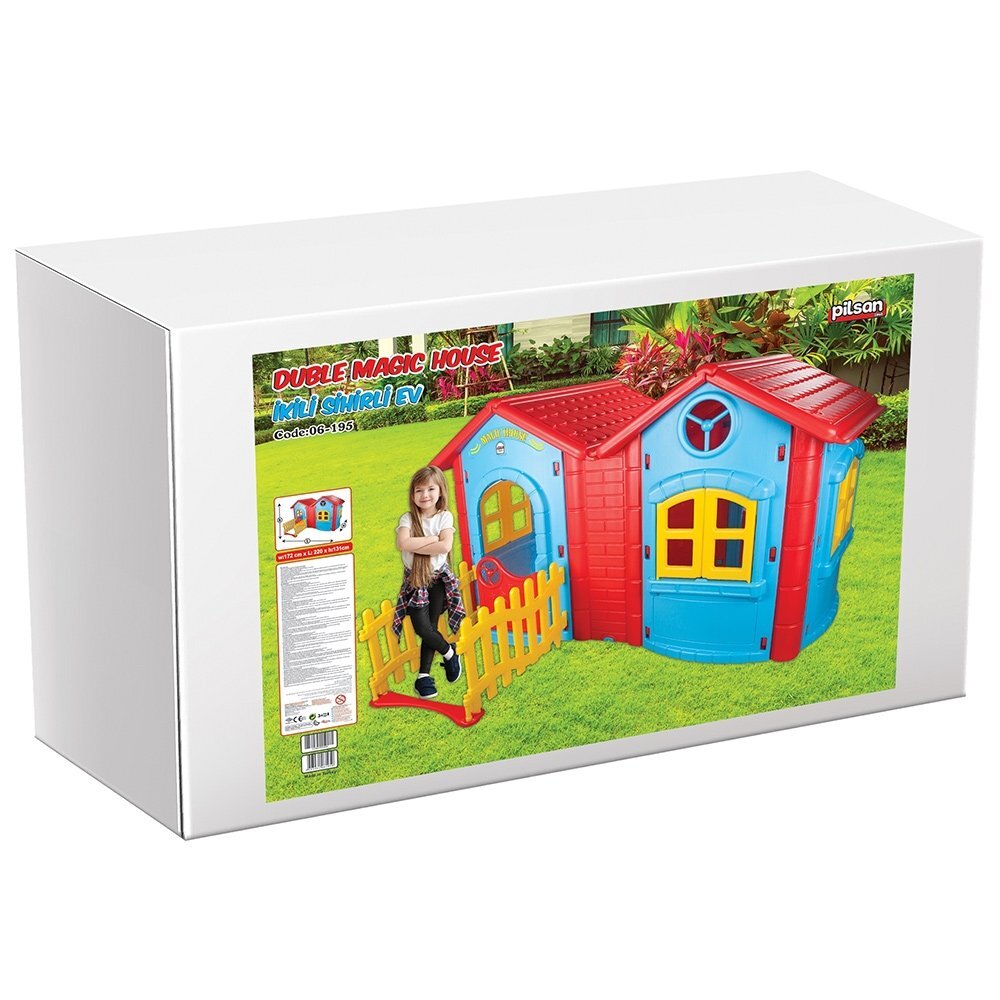 PILSAN Casuta dubla pentru copii Magic Twin House Blue cu garduletrealizata din plastic durabildimensiune 172 x 220 x 131 cm