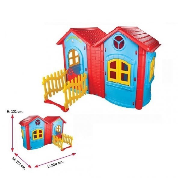 PILSAN Casuta dubla pentru copii Magic Twin House Blue cu garduletrealizata din plastic durabildimensiune 172 x 220 x 131 cm
