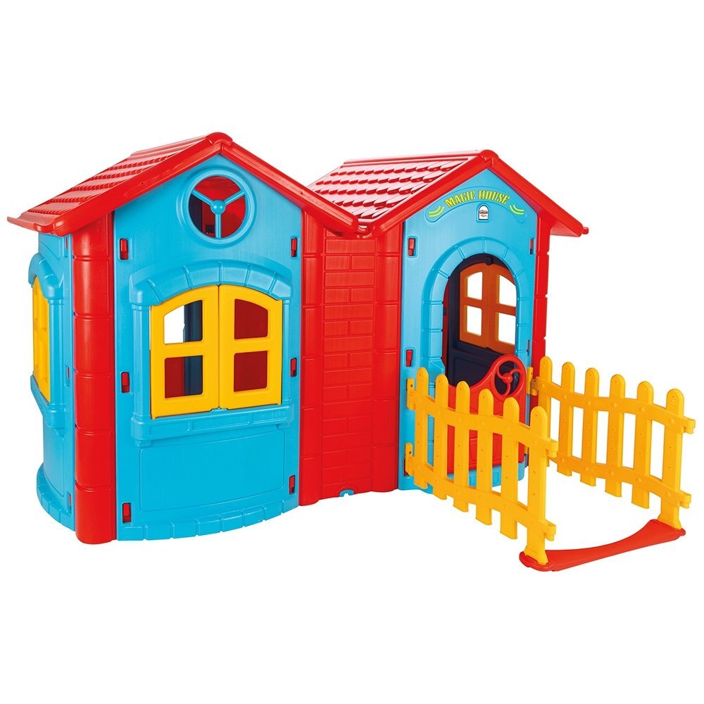 PILSAN Casuta dubla pentru copii Magic Twin House Blue cu garduletrealizata din plastic durabildimensiune 172 x 220 x 131 cm