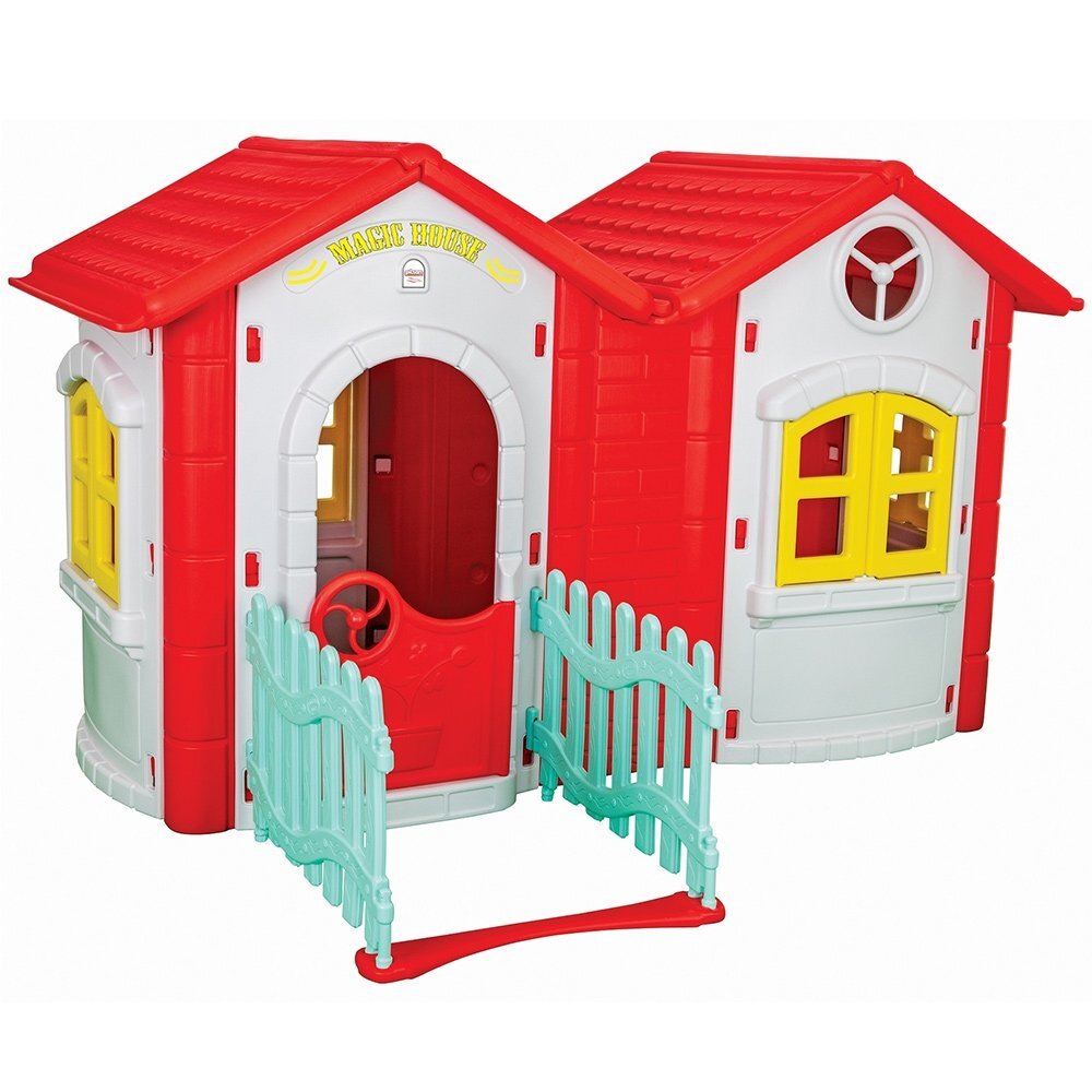 PILSAN Casuta dubla pentru copii Magic Twin House Gray cu garduletrealizata din plastic durabildimensiune 172 x 220 x 131 cm