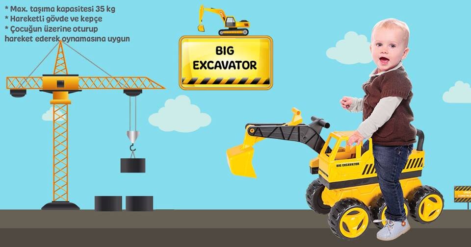 PILSAN Excavator pentru copii Big fara pedale dotat cu cupa mobila si functionala sustine pana la 35 kg