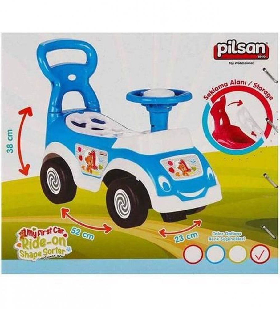 PILSAN Masinuta pentru copii fara pedale Ride-On Shape Sorter Car Blue spatar cu functie de impingere spatiu de depozitare sub sezut 5 forme de sortat greutate maxima admisa 20 kg