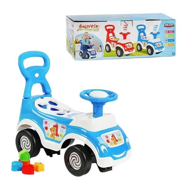PILSAN Masinuta pentru copii fara pedale Ride-On Shape Sorter Car Blue spatar cu functie de impingere spatiu de depozitare sub sezut 5 forme de sortat greutate maxima admisa 20 kg