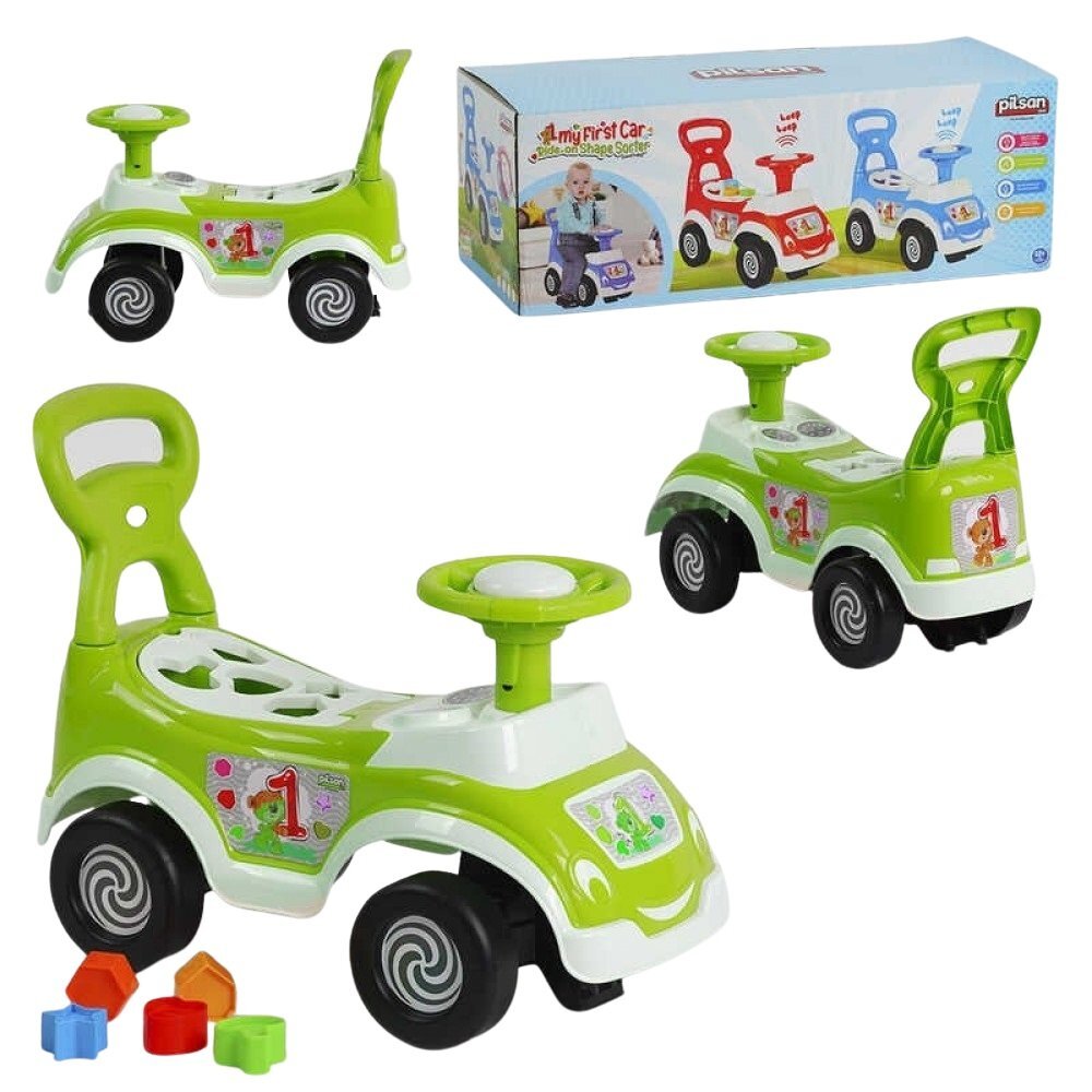 PILSAN Masinuta pentru copii fara pedale Ride-On Shape Sorter Car Green spatar cu functie de impingere spatiu de depozitare sub sezut 5 forme de sortat greutate maxima admisa 20 kg