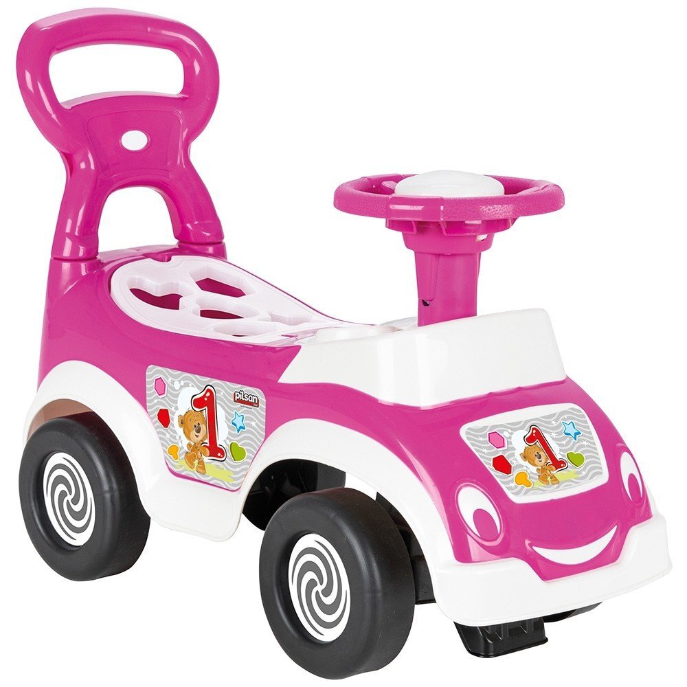 PILSAN Masinuta pentru copii fara pedale Ride-On Shape Sorter Car Pink spatar cu functie de impingere spatiu de depozitare sub sezut5 forme de sortat greutate maxima admisa 20 kg