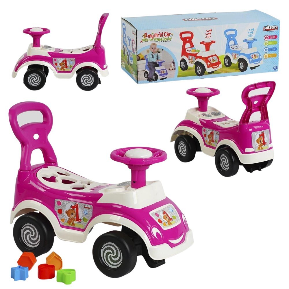 PILSAN Masinuta pentru copii fara pedale Ride-On Shape Sorter Car Pink spatar cu functie de impingere spatiu de depozitare sub sezut5 forme de sortat greutate maxima admisa 20 kg
