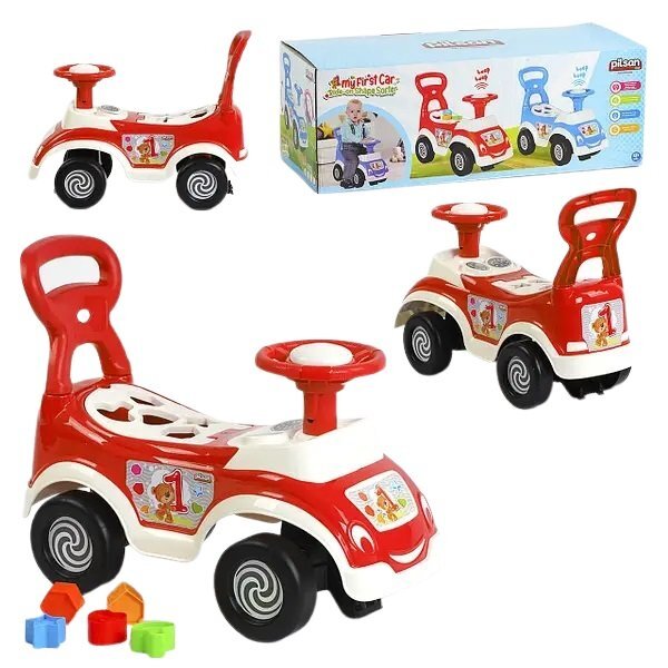 PILSAN Masinuta pentru copii fara pedale Ride-On Shape Sorter Car Red spatar cu functie de impingere spatiu de depozitare sub sezut 5 forme de sortat greutate maxima admisa 20 kg