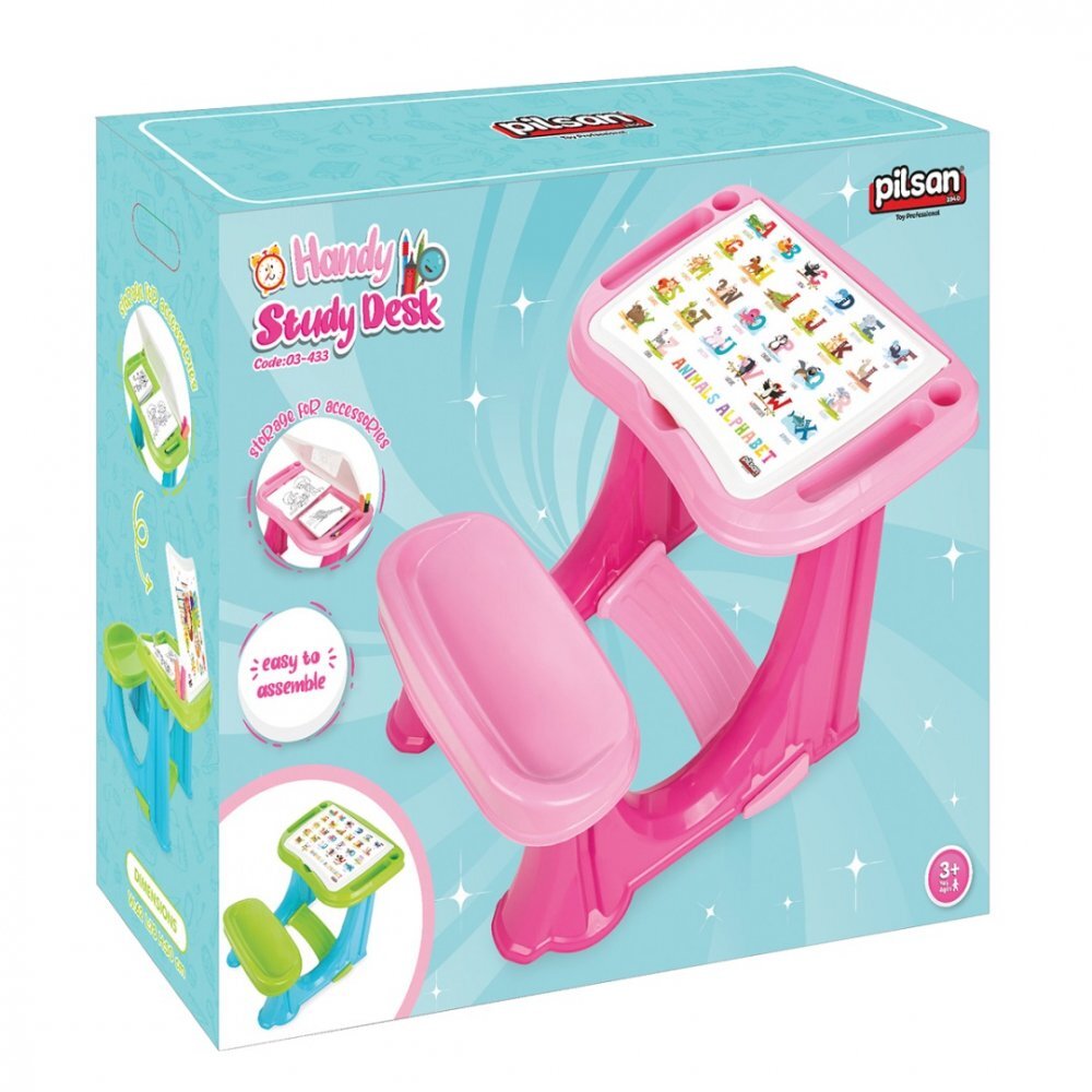 PILSAN Masuta pupitru pentru studiu si desen Handy Pink cu bancuta si suport picioarespatiu de depozitarerealizat din plastic rezistentmargini rotunjite