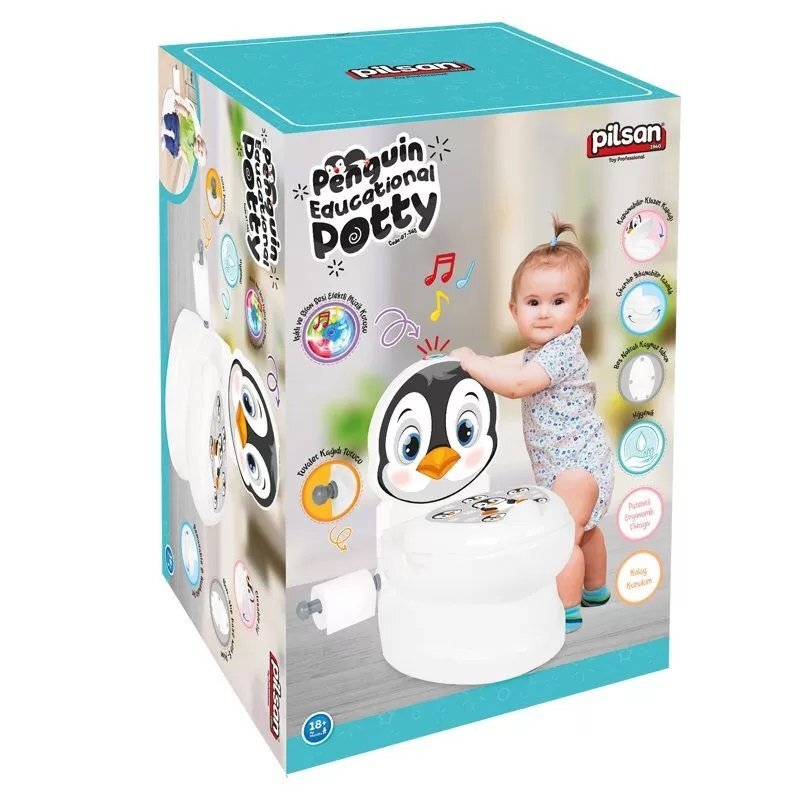PILSAN Olita educationala muzicala Pinguin cu baza antialunecaresuport hartie igienica si vas colectare detasabildesign ergonomiccutie muzicala iluminata cu efect de sunet sifon