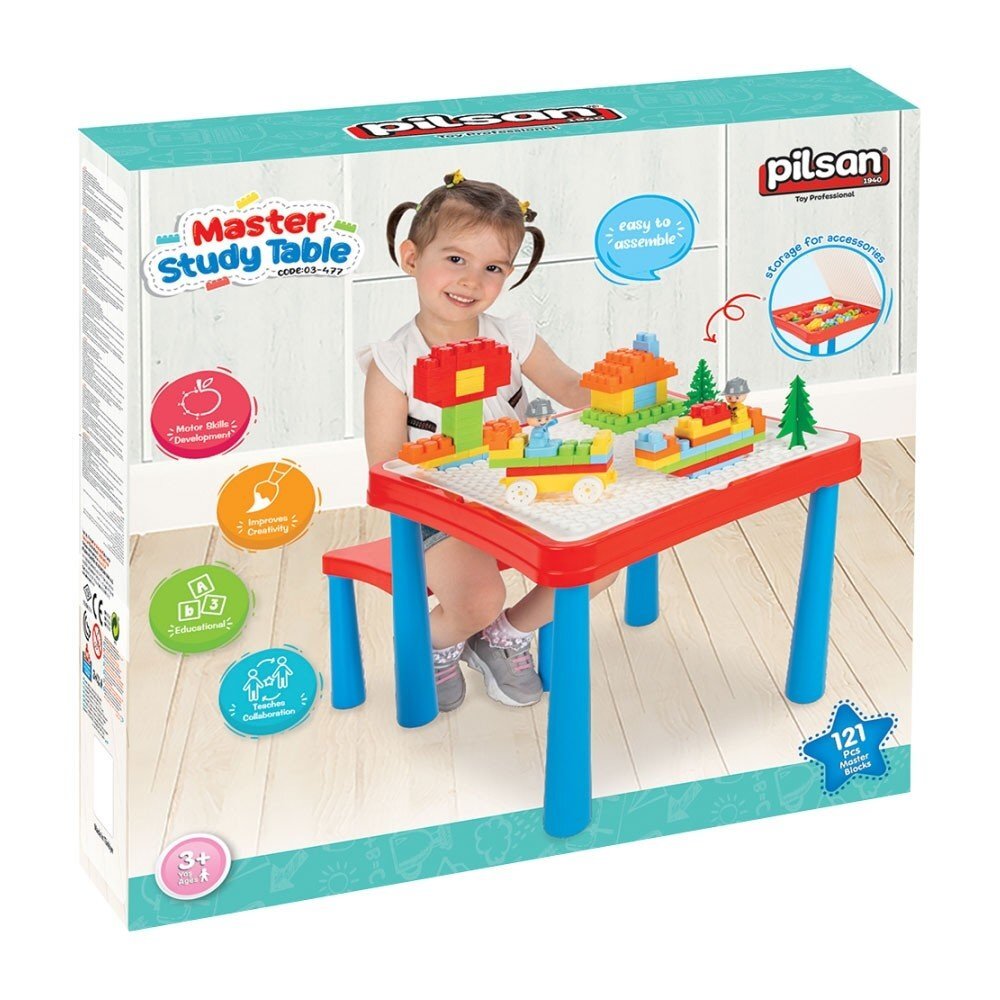 PILSAN Set masuta cu doua scaunele Master Study cu spatiu depozitare rechiziterealizat din plastic rezistent cu margini rotunjiteplaca constructie si 121 cuburi constructie inclusedimensiune masuta 60x60x50 cm