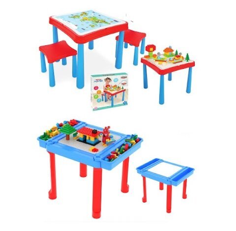 PILSAN Set masuta cu doua scaunele Master Study cu spatiu depozitare rechiziterealizat din plastic rezistent cu margini rotunjiteplaca constructie si 121 cuburi constructie inclusedimensiune masuta 60x60x50 cm