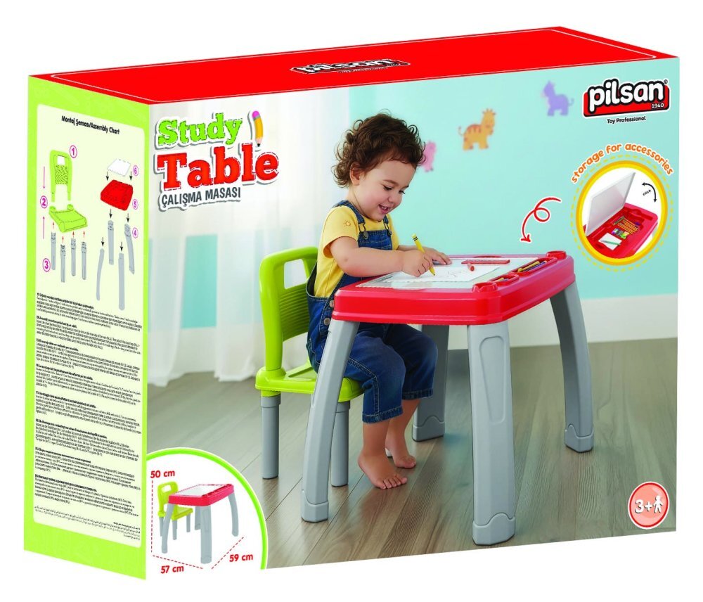 PILSAN Set Masuta si scaunel de studiu pentru copii Study Table Rosucolturi rotunjitespatar confortabilmasuta cu spatiu de depozitare si compartiment pentru paharculori si accesorii