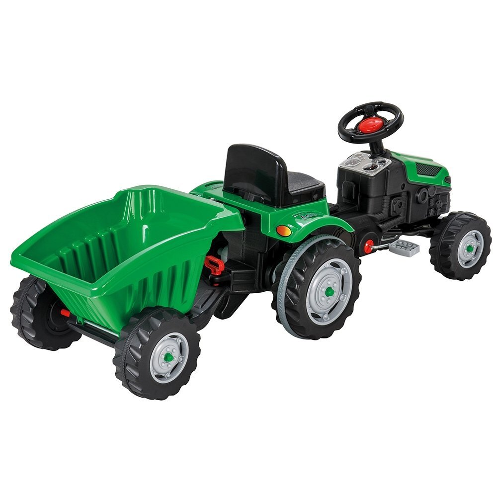PILSAN Tractor cu remorca pentru copii Active Green transmisie pe lant volan cu claxon scaun reglabil spatar de la 3 ani pana la 50 kg dimensiune 143x48x51 cm