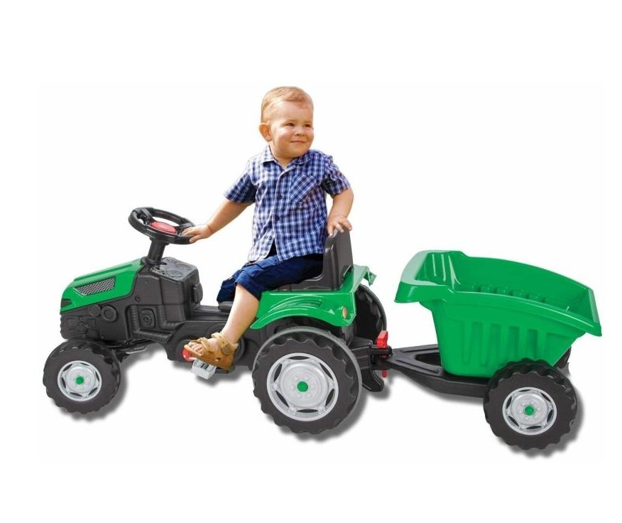 PILSAN Tractor cu remorca pentru copii Active Green transmisie pe lant volan cu claxon scaun reglabil spatar de la 3 ani pana la 50 kg dimensiune 143x48x51 cm
