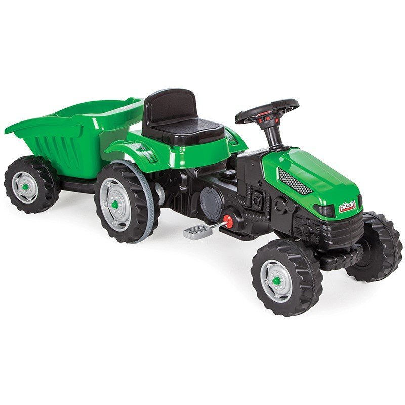 PILSAN Tractor cu remorca pentru copii Active Green transmisie pe lant volan cu claxon scaun reglabil spatar de la 3 ani pana la 50 kg dimensiune 143x48x51 cm