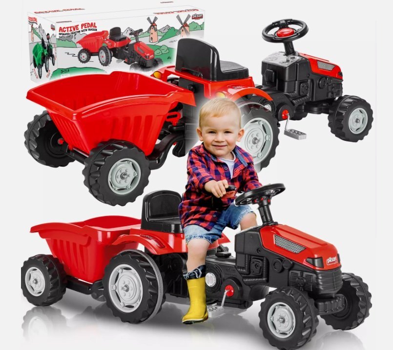 PILSAN Tractor cu remorca pentru copii Active Red transmisie pe lant volan cu claxon scaun reglabil spatar de la 3 ani pana la 50 kg dimensiune 143x48x51 cm