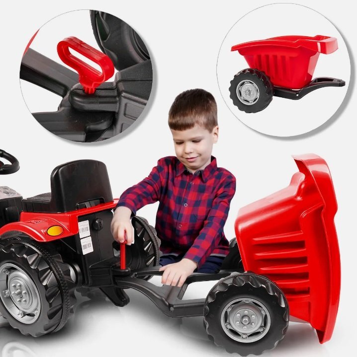PILSAN Tractor cu remorca pentru copii Active Red transmisie pe lant volan cu claxon scaun reglabil spatar de la 3 ani pana la 50 kg dimensiune 143x48x51 cm