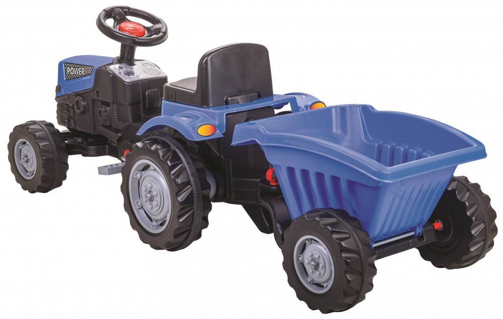 PILSAN Tractor pentru copii Power Blue cu remorcaactionat de pedaletransmisie pe lant volan cu claxon scaun reglabil cu spatar de la 3 ani pana la 50 kg