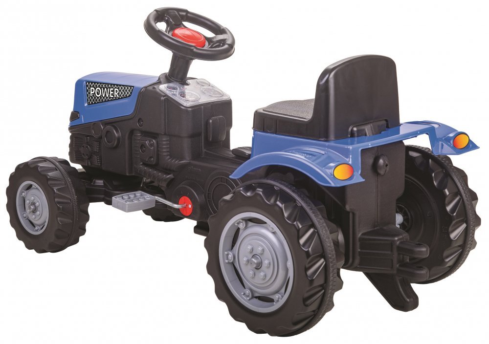 PILSAN Tractor pentru copii Power Blue cu remorcaactionat de pedaletransmisie pe lant volan cu claxon scaun reglabil cu spatar de la 3 ani pana la 50 kg