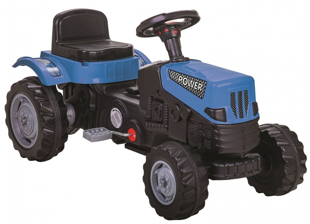 PILSAN Tractor pentru copii Power Blue cu remorcaactionat de pedaletransmisie pe lant volan cu claxon scaun reglabil cu spatar de la 3 ani pana la 50 kg