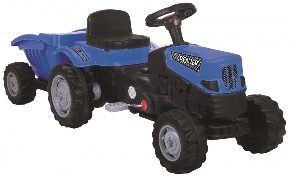 PILSAN Tractor pentru copii Power Blue cu remorcaactionat de pedaletransmisie pe lant volan cu claxon scaun reglabil cu spatar de la 3 ani pana la 50 kg