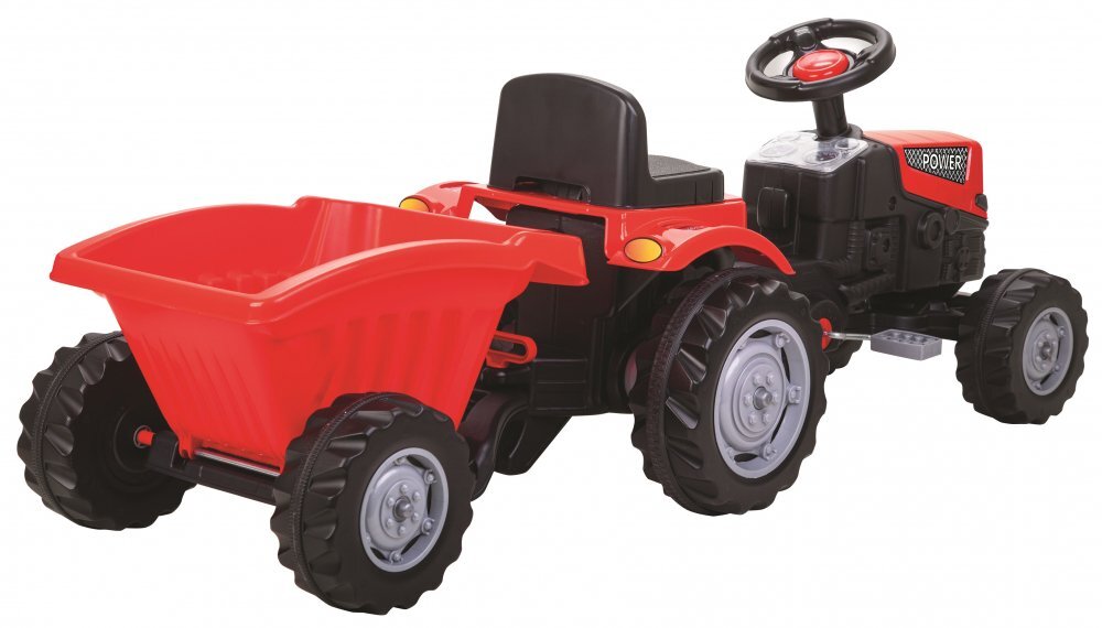 PILSAN Tractor pentru copii Power Red cu remorcaactionat de pedaletransmisie pe lant volan cu claxon scaun reglabil cu spatar de la 3 ani pana la 50 kg