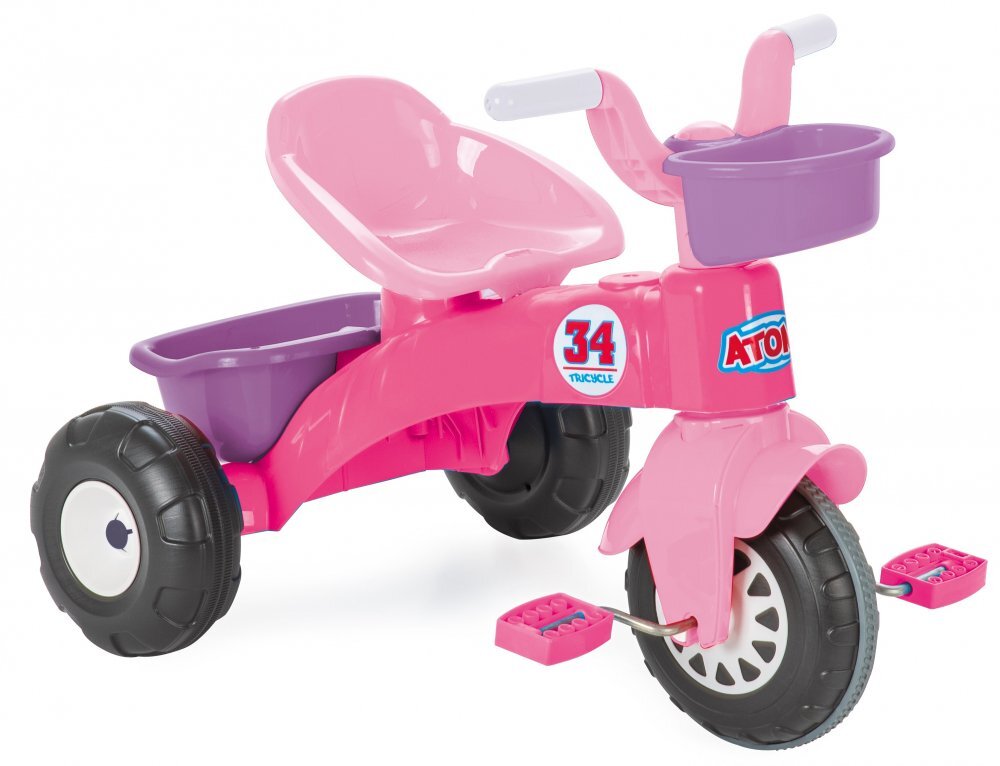 PILSAN Tricicleta pentru copii Atom Pink roti din plastic rezistent cu aparatoare noroi sezut cu spatar cosulet pentru jucarii de la 3 anigreutate suportata maxim 35kg
