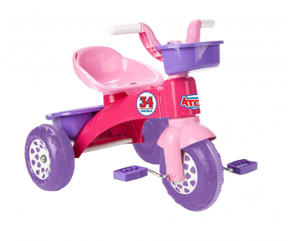 PILSAN Tricicleta pentru copii Atom Pink roti din plastic rezistent cu aparatoare noroi sezut cu spatar cosulet pentru jucarii de la 3 anigreutate suportata maxim 35kg