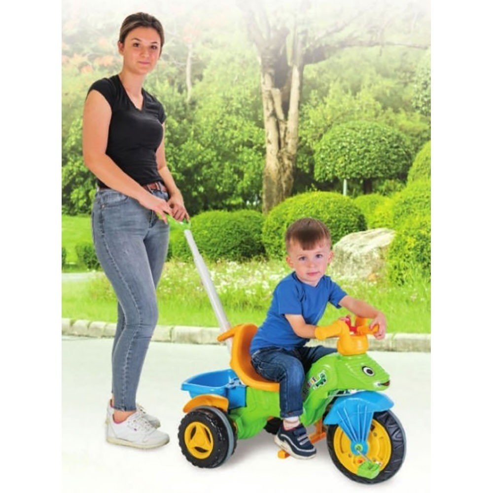 PILSAN Tricicleta pentru copii Caterpilar Green cu maner parental detasabil pentru control al directiei suport pentru picioare claxonroti cu aparatoare noroisezut cu spatar de la 3 anigreutate suportata maxim 35kg