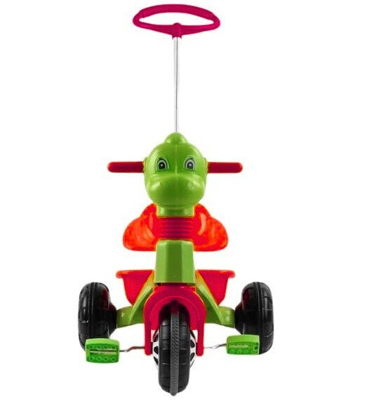 PILSAN Tricicleta pentru copii Dino RedGreen cu maner reglabil pe inaltimesistem roata libera spatiu de depozitare de la 3 ani pana la 35 kg
