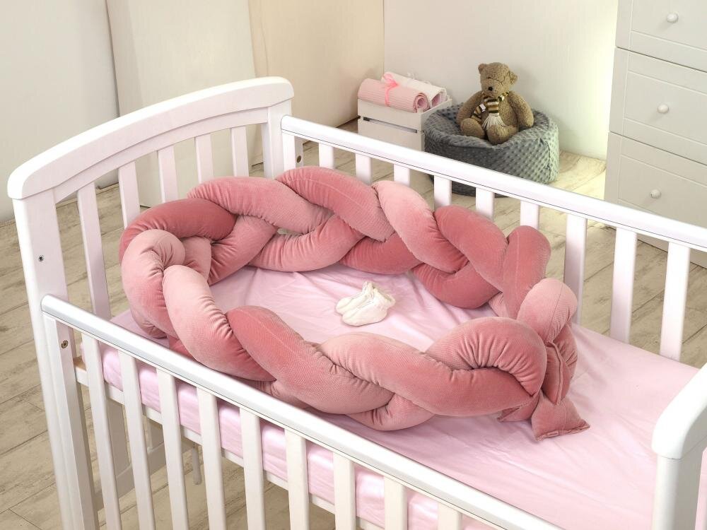 PJ BABY Aparatoare laterala pat bumper impletit cu inchidere velcro bumbac Velvet Roz 180x21 cm