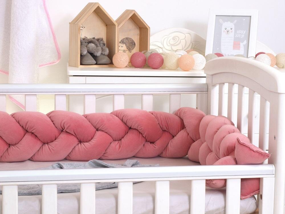 PJ BABY Aparatoare laterala pat bumper impletit cu inchidere velcro bumbac Velvet Roz 180x21 cm