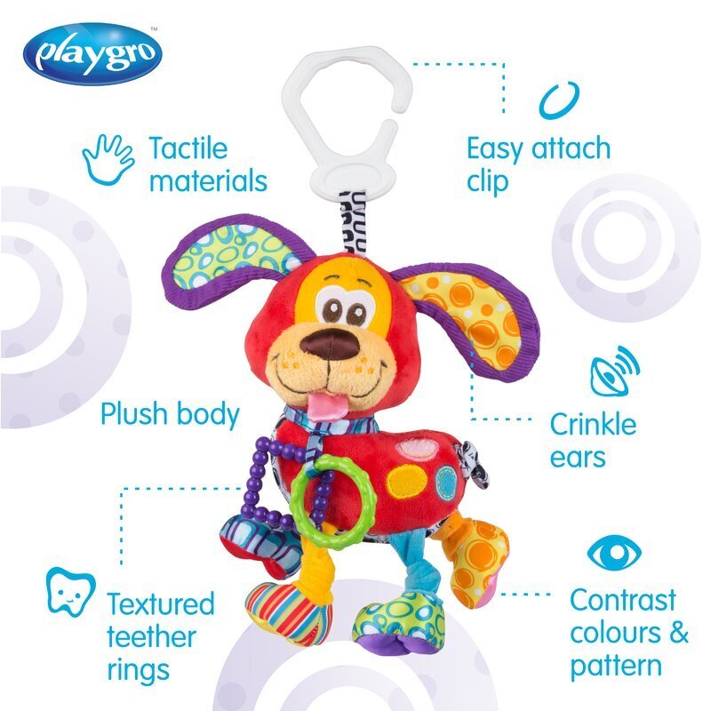 Playgro Jucarie carucior sau scaun auto cu inele pentru dentitie Activity Friend Pooky Puppy