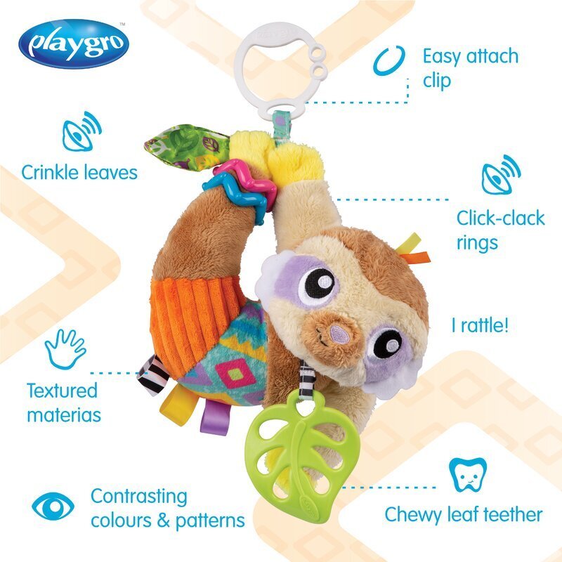 Playgro Jucarie carucior sau scaun auto cu inele pentru dentitie Sensory Friend Salo Sloth