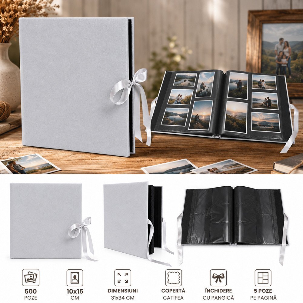 Procart Album foto premium velvet 500 poze 10x15 cm catifea gri file negre inchidere panglica satinata