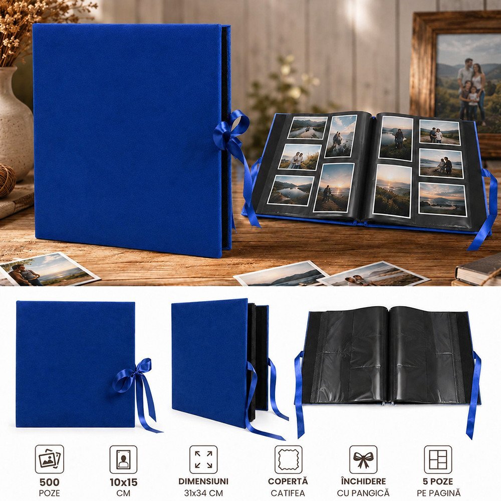 Procart Album foto velvet luxury 500 poze 10x15 cm catifea albastra si panglica satinata design exclusiv