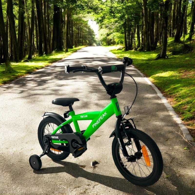 Procart Bicicleta pentru copii Verde 14 inch roti ajutatoare detasabile cadru otel 21.5 cm manere cauciucate ghidonsa reglabile