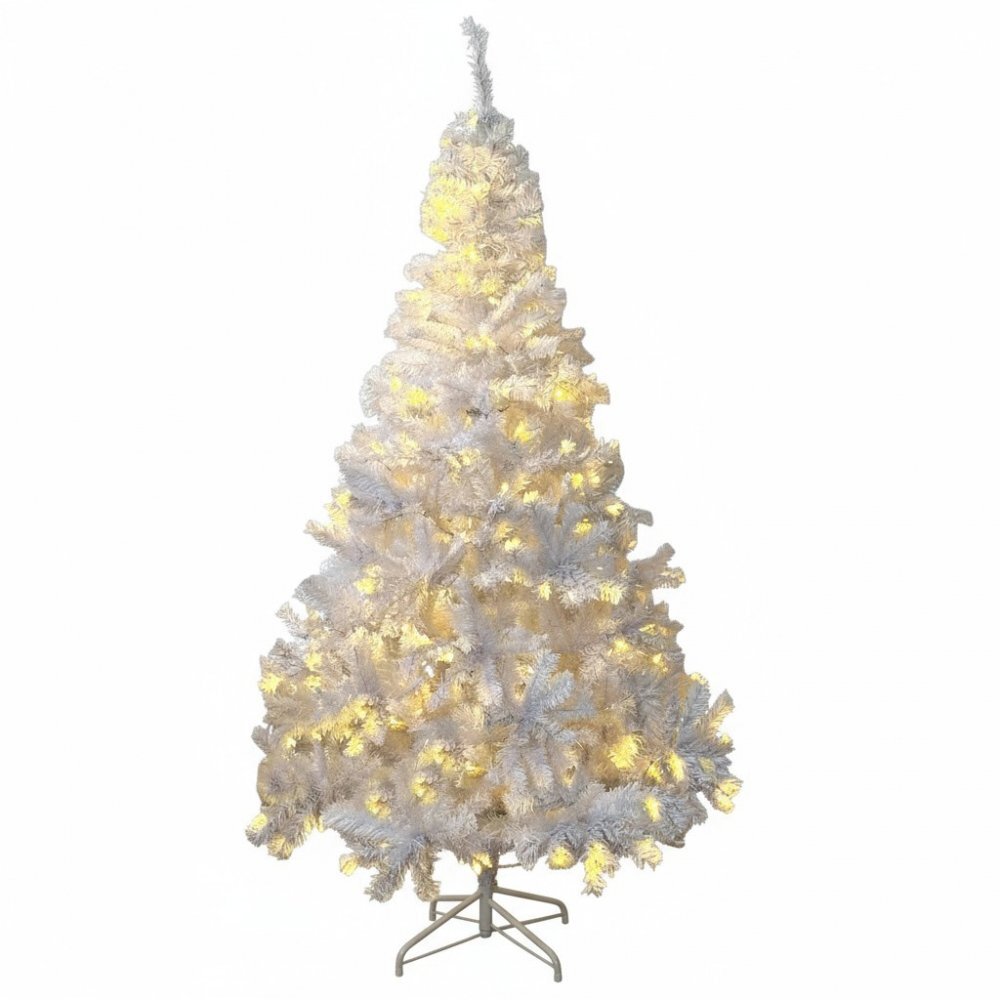 Procart Brad alb artificial iluminat 195 cm 360 led-uri alb cald 936 ramuri dense suport metalic