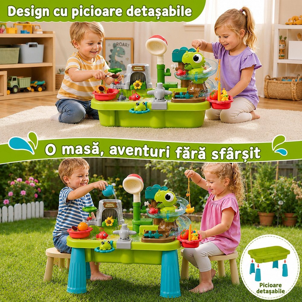 Procart Masuta de activitati interactiva cu apa parc acvatic cu dinozauri cascada pescuit si accesorii picioare detasabile
