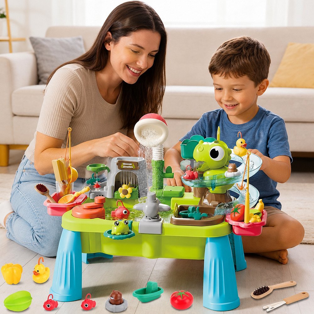Procart Masuta de activitati interactiva cu apa parc acvatic cu dinozauri cascada pescuit si accesorii picioare detasabile