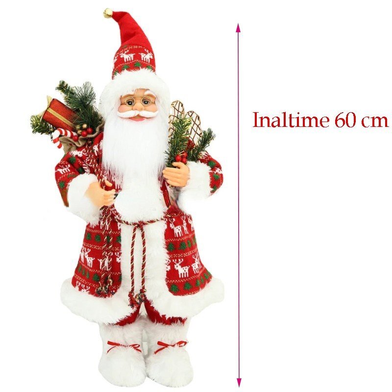 Procart Mos craciun 60 cm figurina decorativa saculet cadouri caciula cu clopotel