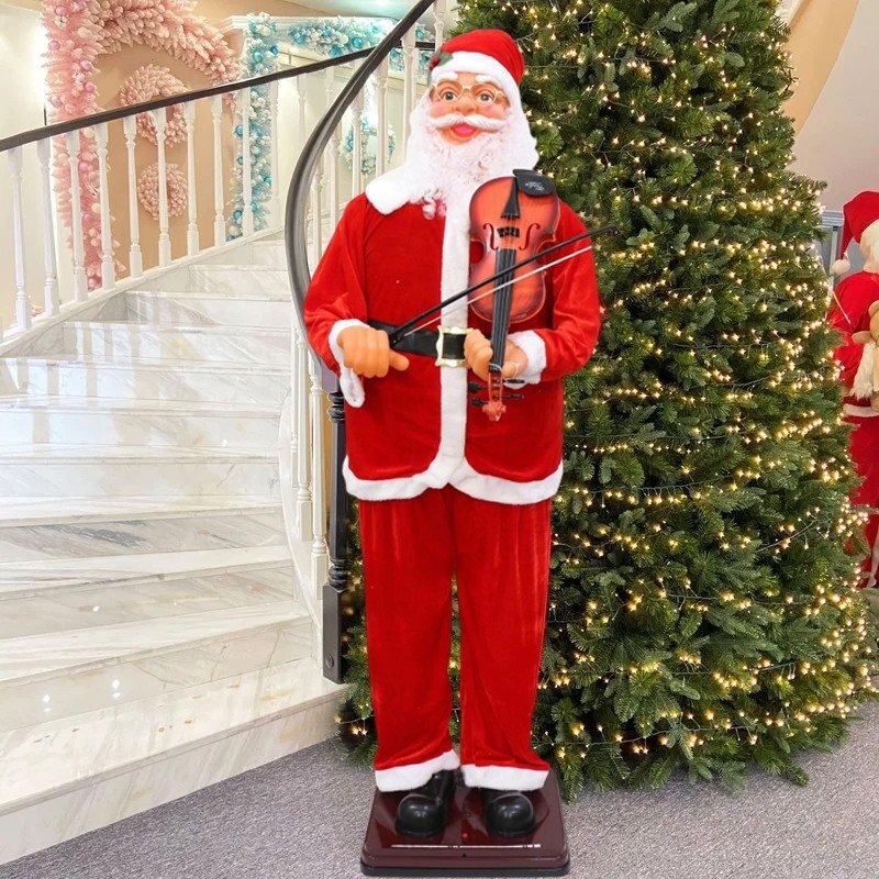 Procart Mos craciun cu vioara figurina muzicala 180 cm canta si danseaza suport sustinere senzor sunet