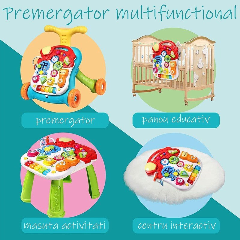 Procart Premergator interactiv multifunctional masuta activitati efecte sonore maner reglare inaltime 2 viteze ajustabile