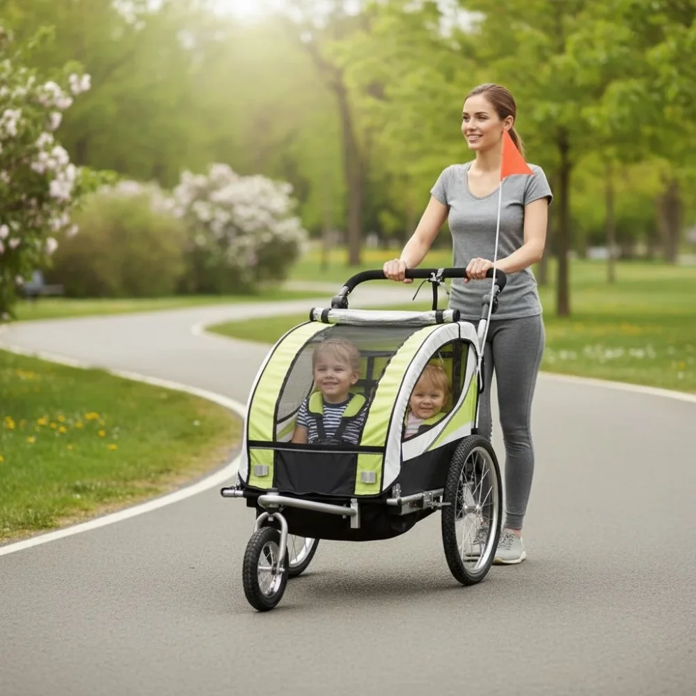 Procart Remorca de bicicleta pentru transport copii 2 locuri sigura si confortabila capacitate 40 kg
