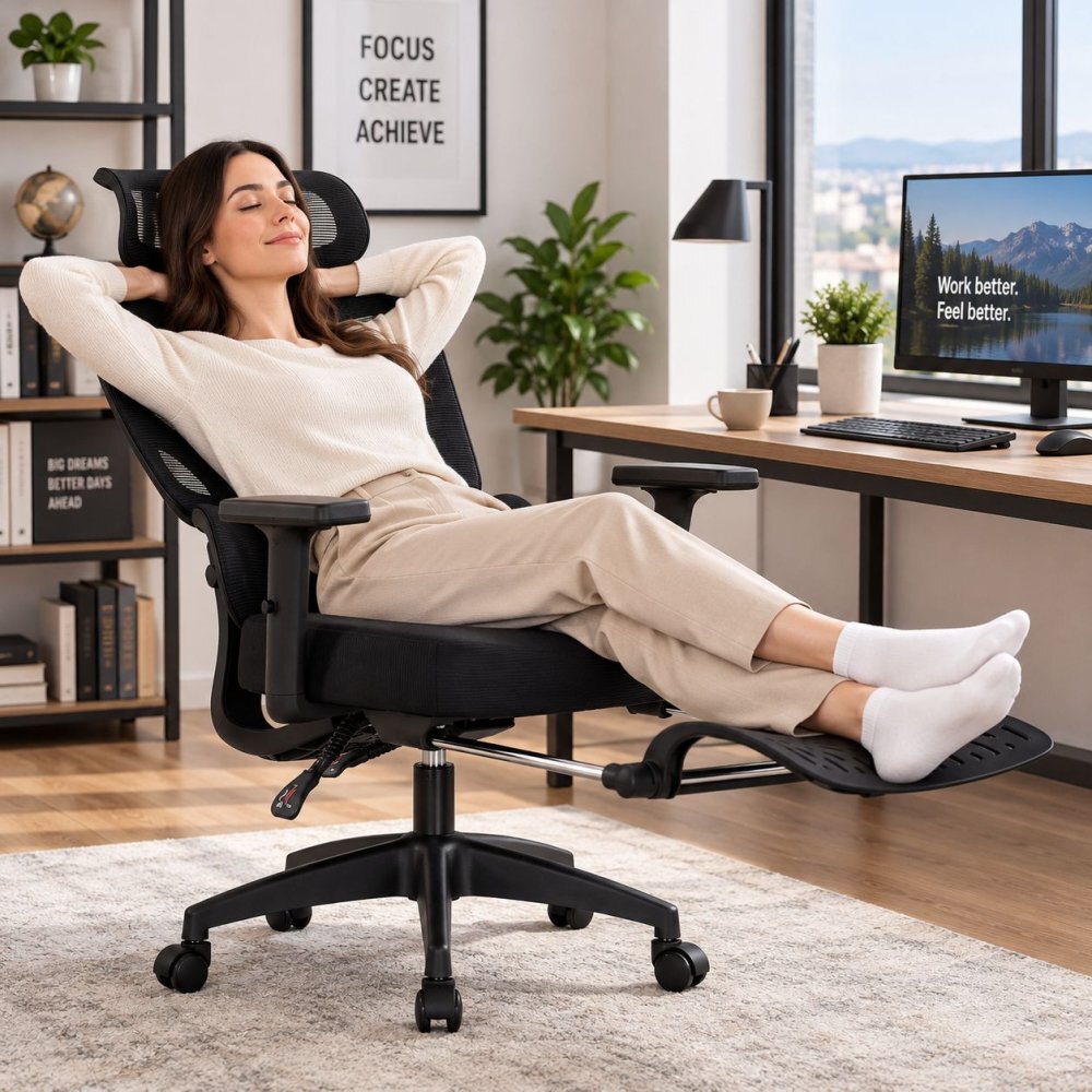 Procart Scaun ergonomic de birou cu suport picioare retractabil tetiera si suport lombar reglabile mesh negru