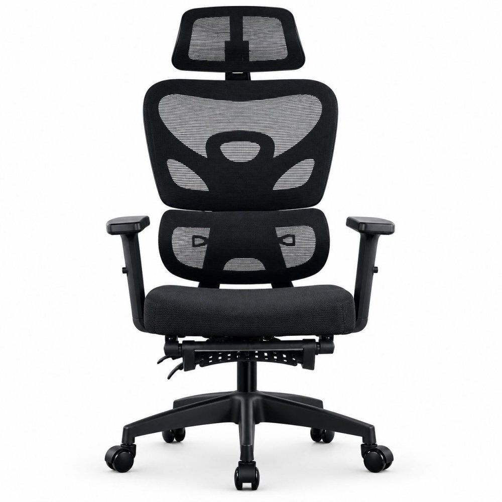 Procart Scaun ergonomic de birou cu suport picioare retractabil tetiera si suport lombar reglabile mesh negru