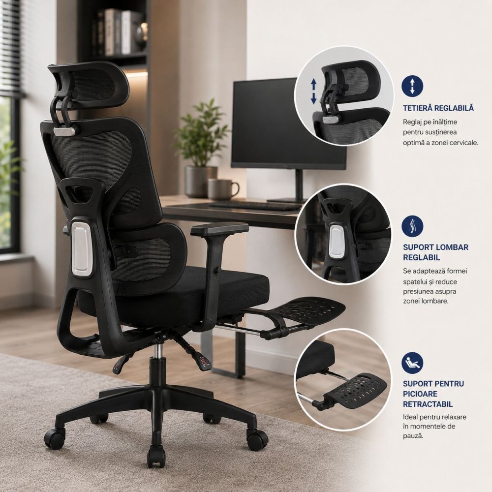 Procart Scaun ergonomic de birou cu suport picioare retractabil tetiera si suport lombar reglabile mesh negru