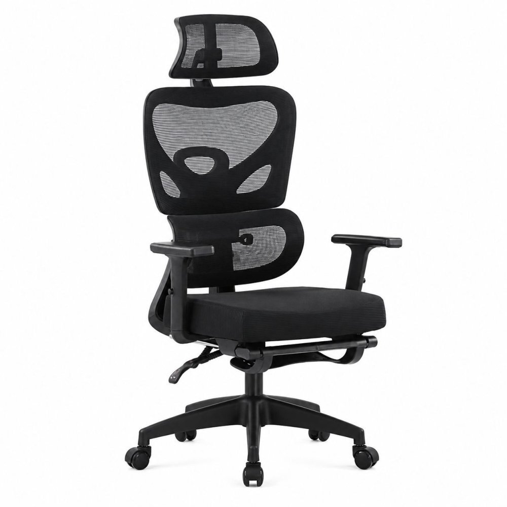 Procart Scaun ergonomic de birou cu suport picioare retractabil tetiera si suport lombar reglabile mesh negru
